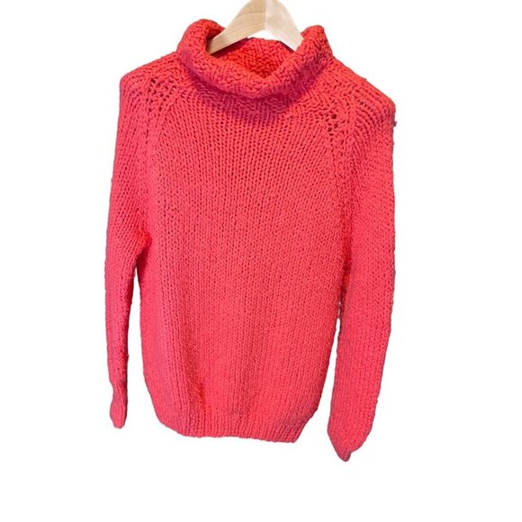 Vintage 70s 80s Hand Knit Cowl Neck Peachy Red Sweater - Picture 1 of 10